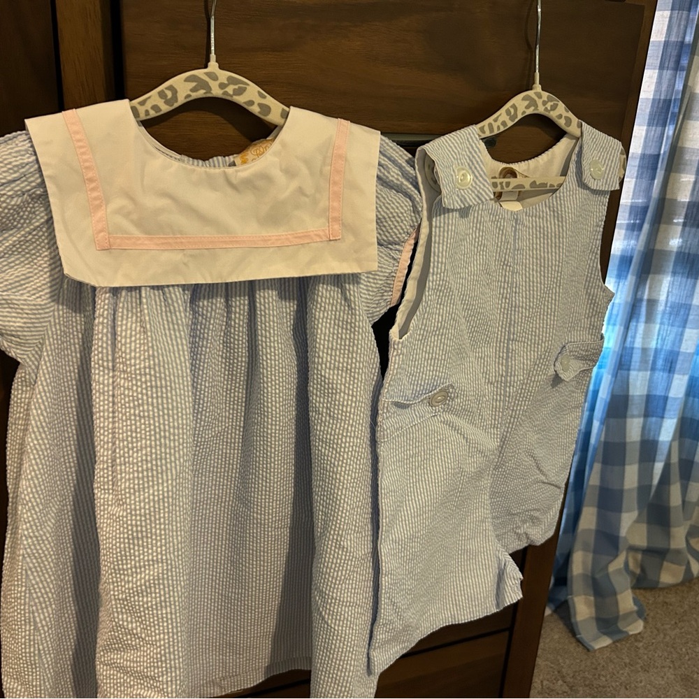 Blue and White Baby Outfit ( sibling set)